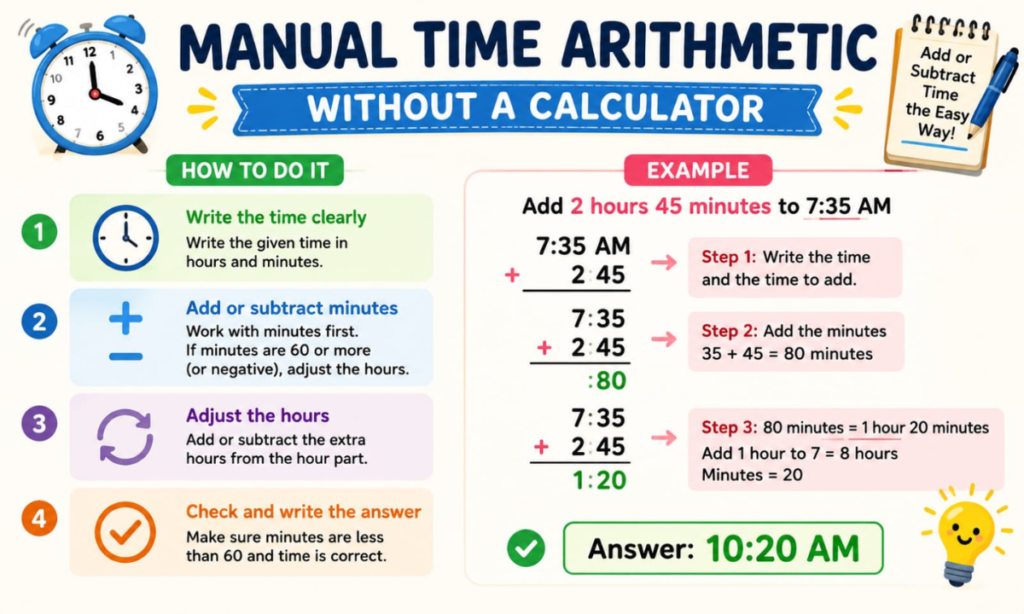 Manual Time Arithmetic Without a Calculator